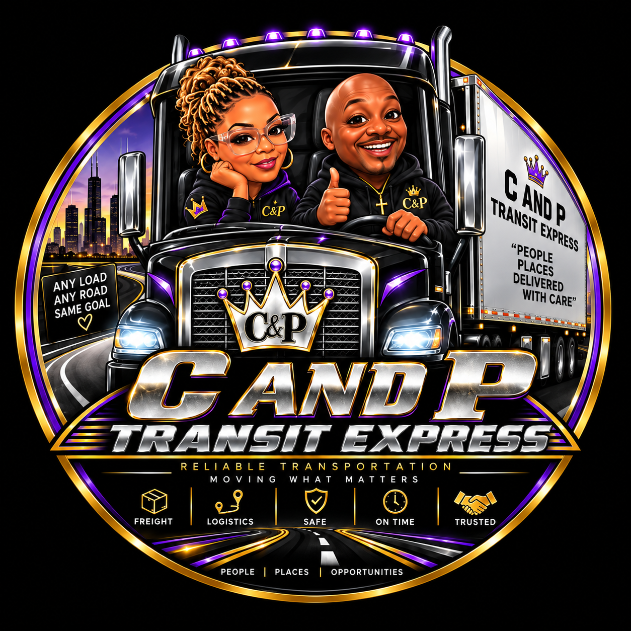 C&P Transit Express truck and team artwork in purple and gold